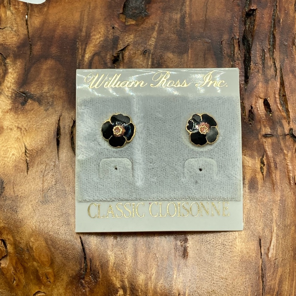 #1390 NWT Women’s Vintage cloisonné black red enamel peony tiny flower dainty